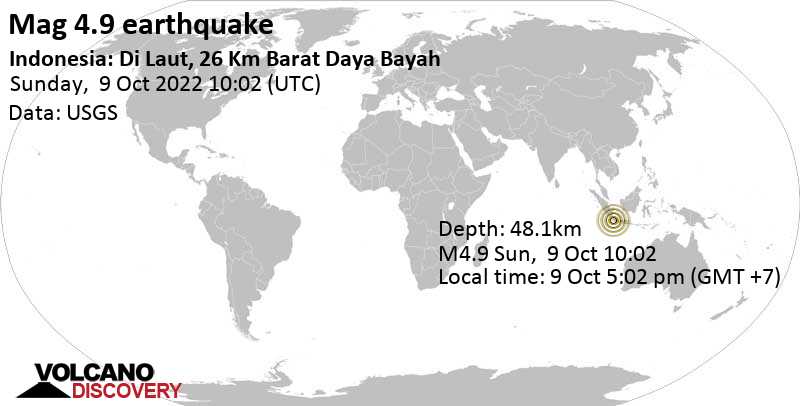 Earthquake Information: Moderate Mag.  4.9 earthquake – Indian Ocean, 80 km south of Rangkaspitong, Banten, Indonesia, on Sunday October 9, 2022 at 5:02 pm (GMT +7)