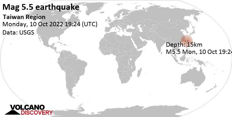 Tremblement de terre fort magnitude 5.5 - Philippine Sea, 69 km à l\'est de Hualien City, Taiwan, Taïwan, mardi, 11 oct. 2022 04:24 (GMT +9)