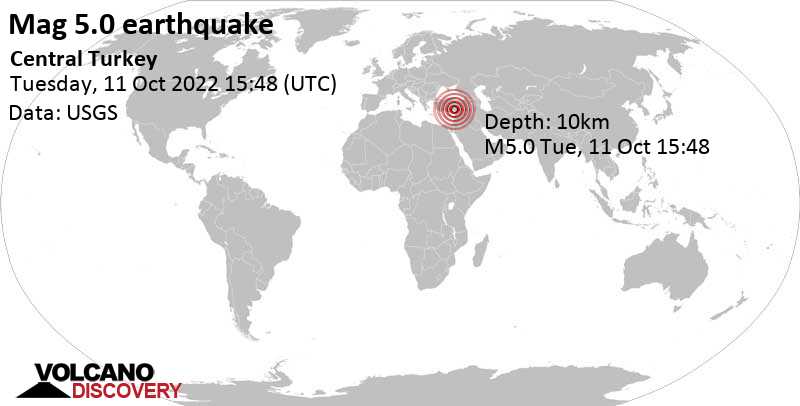 Tremblement de terre fort magnitude 5.0 - 21 km au nord de Osmaniye, Turquie, mardi, 11 oct. 2022 18:48 (GMT +3)