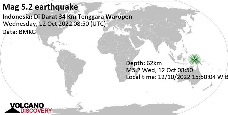 Séisme modéré mag. 5.2 - 173 km à l\'est de Nabire, Papua, Indonésie, mercredi, 12 oct. 2022 17:50 (GMT +9)
