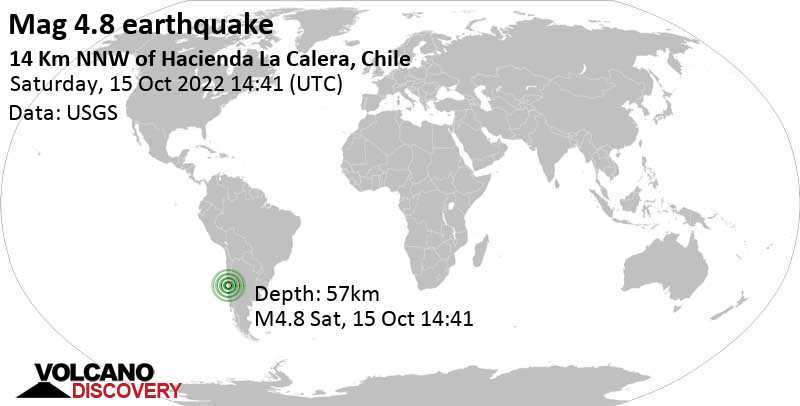 Información del terremoto: Light Mag.  Terremoto de 4.8 – 14 km al noroeste de Hacienda La Calera, Quillota, Región de Valparaíso, Chile, sábado 15 de octubre de 2022 a las 11:41 am (GMT -3)
