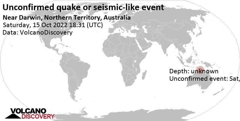 Quake info: Unconfirmed earthquake or seismic-like event: 6.8 km north of Darwin, Northern Territory, Australia, Sunday, Oct 16, 2022 at 4:02 am (GMT +9:30)