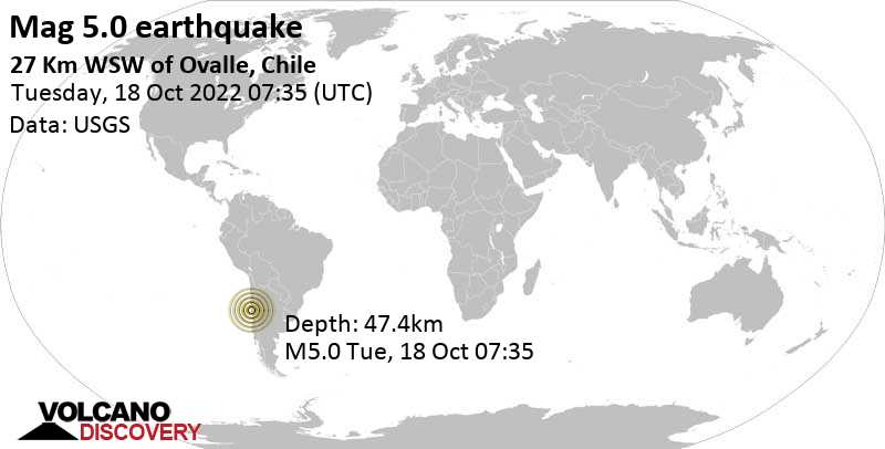 Información del Terremoto: Moderado Mag.  Terremoto 5.0 – 29 km al oeste de Ovalle, Provincia de Limari, Región de Coquimbo, Chile, el martes 18 de octubre de 2022 a las 4:35 am (GMT -3)