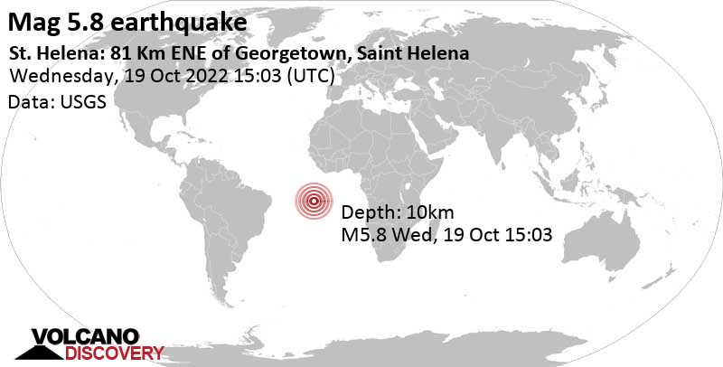 5.8 quake South Atlantic Ocean, 82 km east of Georgetown, Ascension, St. Helena, Oct 19, 2022 3:03 pm (GMT +0)