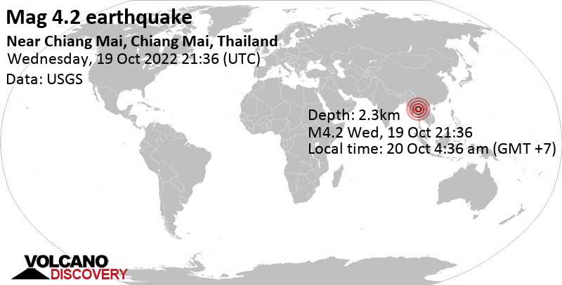 Informazione sismica: Terremoto moderato 4.2 - 19 km a est da Chiang Mai, Thailandia, giovedì, 20 ott 2022 04:36 (GMT +7)