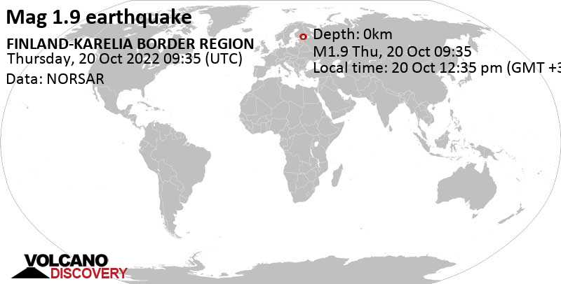 Quake info: Weak mag. 1.9 earthquake - 65 km south of Lappeenranta, South Karelia, Finland, on Thursday, Oct 20, 2022 at 12:35 pm (GMT +3)