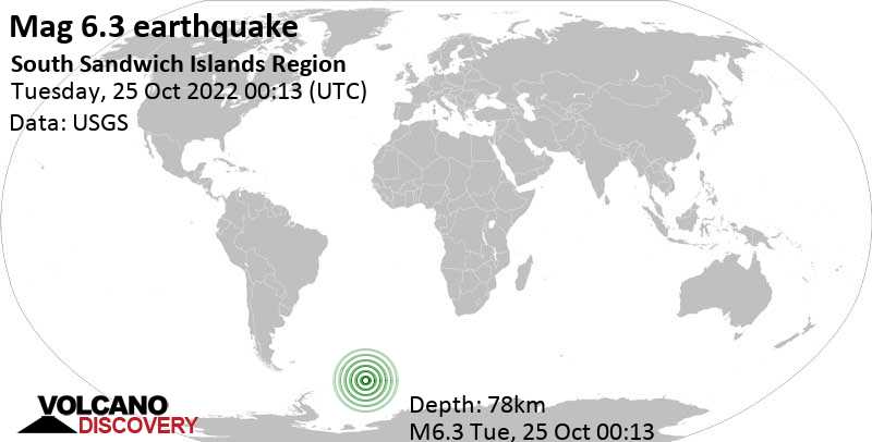 6.3 quake South Atlantic Ocean, South Georgia & South Sandwich Islands, Oct 24, 2022 10:13 pm (GMT -2)