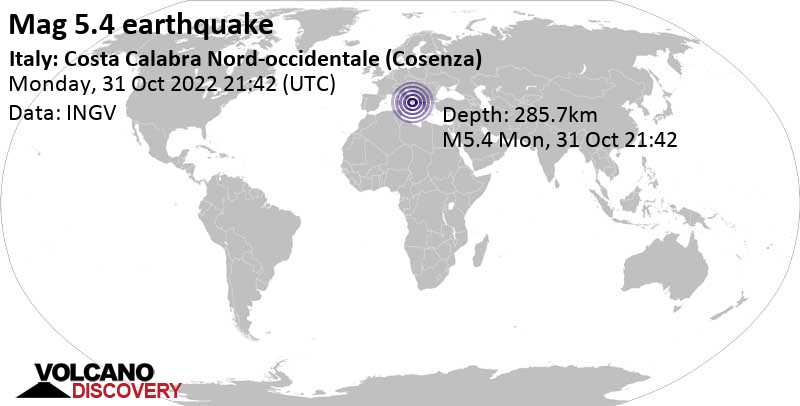 Μέτριος σεισμός μεγέθους 5.4 - Tyrrhenian Sea, 42 km δυτικά από Castrovillari, Ιταλία, Δευτέρα, 31 Οκτ 2022 22:42 (GMT +1)