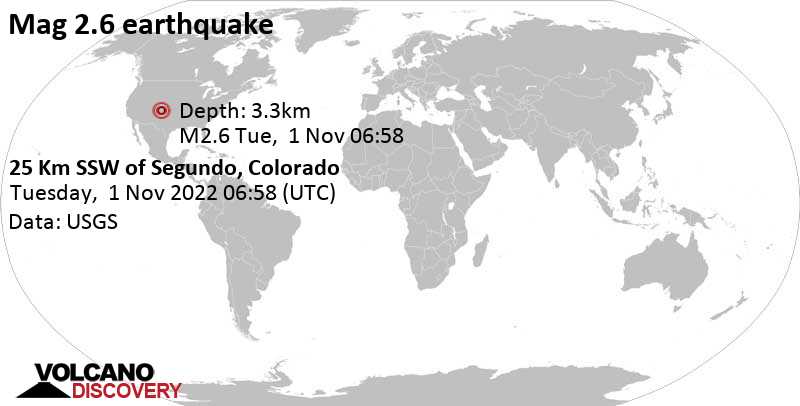 2.6 quake 25 Km SSW of Segundo, Colorado, Nov 1, 2022 12:58 am (GMT -6)