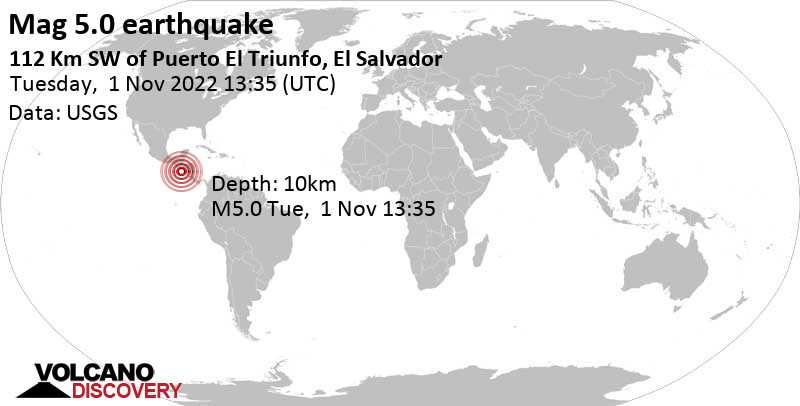 5.0 quake North Pacific Ocean, 139 km south of San Salvador, El Salvador, Nov 1, 2022 7:35 am (GMT -6)