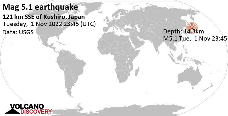 5.1 quake North Pacific Ocean, 125 km southeast of Kushiro, Hokkaido, Japan, Nov 2, 2022 9:45 am (GMT +10)