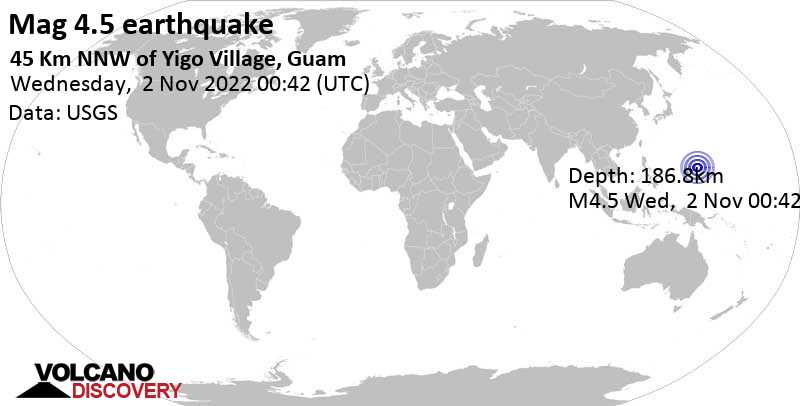 4.5 quake Philippine Sea, 48 km northwest of Dededo Village, Guam, Nov 2, 2022 10:42 am (GMT +10)