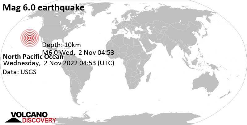 6.0 quake North Pacific Ocean Nov 1, 2022 7:53 pm (GMT -9)