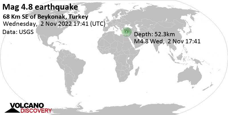 4.8 quake Eastern Mediterranean, 67 km southeast of Beykonak, Antalya, Turkey, Nov 2, 2022 7:41 pm (GMT +2)