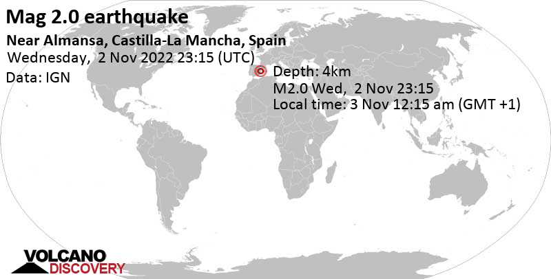 2.0 quake 15 km west of Torrent, Valencia, Spain, Nov 3, 2022 12:15 am (GMT +1)