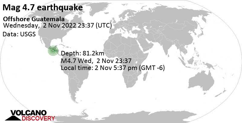4.7 quake North Pacific Ocean, 89 km southwest of Quetzaltenango, Guatemala, Nov 2, 2022 5:37 pm (GMT -6)