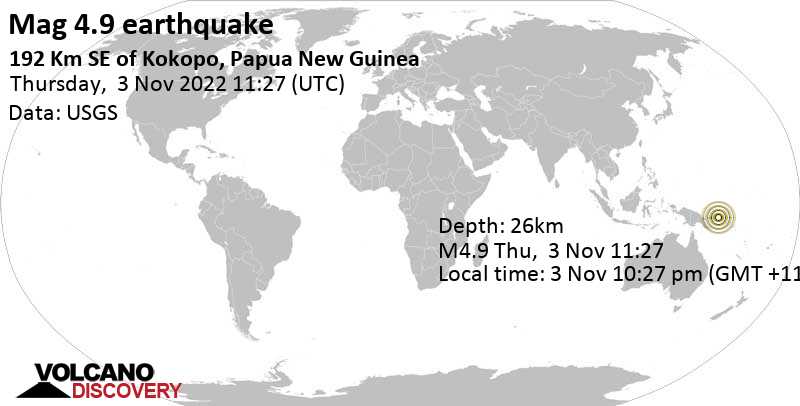 4.9 quake Solomon Sea, 194 km southeast of Kokopo, Papua New Guinea, Nov 3, 2022 10:27 pm (GMT +11)