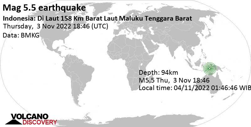 Μέγεθος 5.5 - Banda Sea, 254 km νοτιοδυτικά από Tual, Maluku, Ινδονησία, Παρ,  4 Νοε 2022 03:46 (GMT +9)