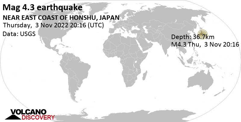 Μέγεθος 4.3 - North Pacific Ocean, Ιαπωνία, Παρ,  4 Νοε 2022 05:16 (GMT +9)