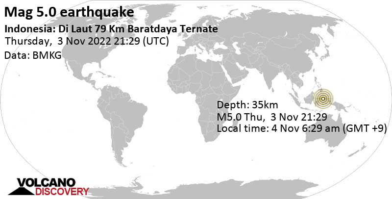 5.0 quake Molucca Sea, 82 km west of Ternate, North Maluku, Indonesia, Nov 4, 2022 6:29 am (GMT +9)