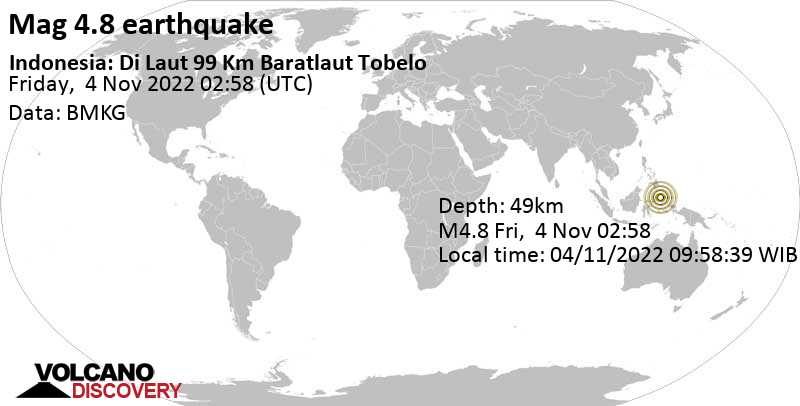 4.8 quake Molucca Sea, 145 km north of Ternate, North Maluku, Indonesia, Nov 4, 2022 11:58 am (GMT +9)
