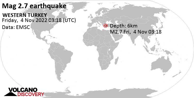 2.7 quake 7.5 km south of Izmir, İzmir, Turkey, Nov 4, 2022 6:18 am (GMT +3)