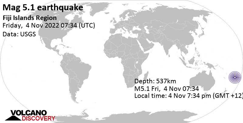 5.1 quake South Pacific Ocean, Fiji, Nov 3, 2022 7:34 pm (GMT -12)
