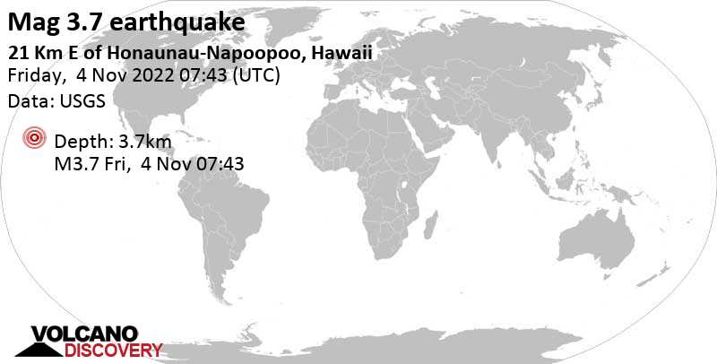 Μέγεθος 3.7 - Hawaii, 65 km νοτιοδυτικά από Χίλο, Hawaii County, Χαβάη, Ηνωμένες Πολιτείες, Πέμ,  3 Νοε 2022 21:43 (GMT -10)