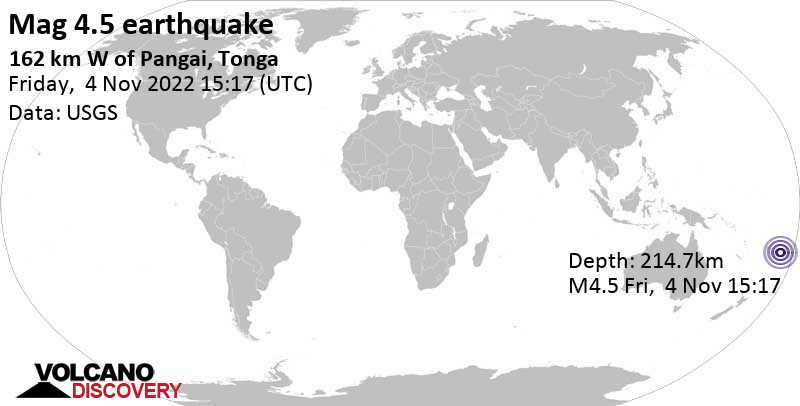 Light mag. 4.6 earthquake - South Pacific Ocean, 159 km northwest of Nukalofa, Nuku\'alofa, Tongatapu, on Saturday, Nov 5, 2022 at 4:17 am (GMT +13)