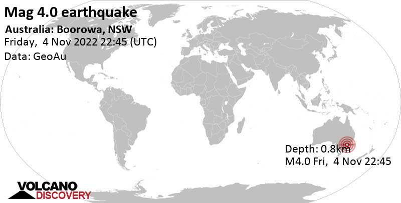 4.0 quake 17 km northeast of Boorowa, Hilltops, New South Wales, Australia, Nov 5, 2022 9:45 am (GMT +11)