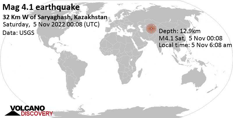 4.1 quake 32 km west of Saryaghash, Turkestan, Kazakhstan, Nov 5, 2022 5:08 am (GMT +5)