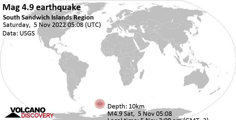 Μέγεθος 4.9 - South Atlantic Ocean, Νήσοι Νότια Γεωργία και Νότιες Σάντουιτς, Σάβ,  5 Νοε 2022 03:08 (GMT -2)