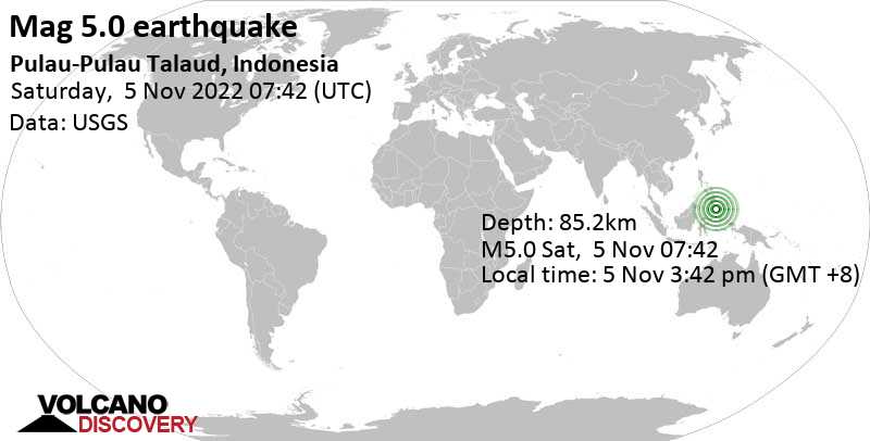 5.0 quake Philippine Sea, Indonesia, Nov 5, 2022 3:42 pm (GMT +8)