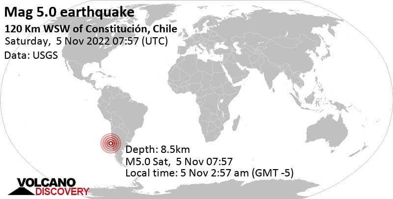 5.0 quake South Pacific Ocean, 154 km northwest of Concepcion, Region del Biobio, Chile, Nov 5, 2022 2:57 am (GMT -5)