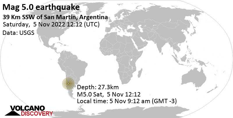 Μέγεθος 5.0 - 39 km νότια από San Martin, Mendoza, Αργεντινή, Σάβ,  5 Νοε 2022 09:12 (GMT -3)