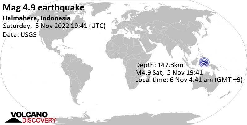 4.9 quake Molucca Sea, 76 km south of Ternate, North Maluku, Indonesia, Nov 6, 2022 4:41 am (GMT +9)