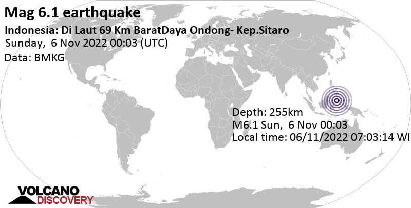 6.1 quake Celebes Sea, 109 km north of Manado, North Sulawesi, Indonesia, Nov 6, 2022 8:03 am (GMT +8)