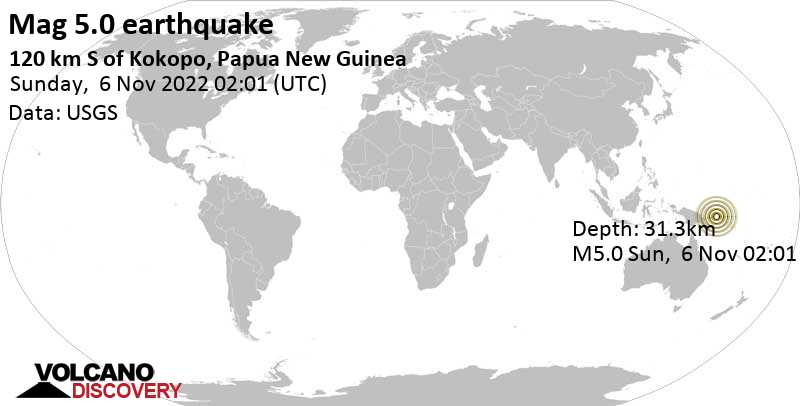4.9 quake Solomon Sea, 120 km south of Kokopo, East New Britain Province, Papua New Guinea, Nov 6, 2022 12:01 pm (GMT +10)