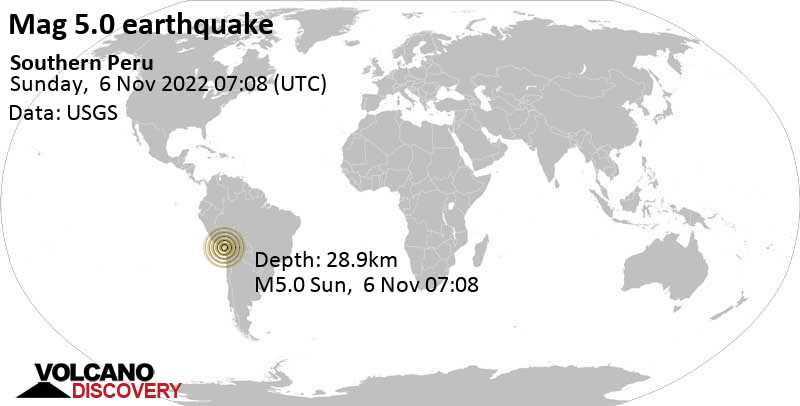 Μέγεθος 5.0 - 51 km βόρεια από Tacna, Περού, Κυρ,  6 Νοε 2022 02:08 (GMT -5)