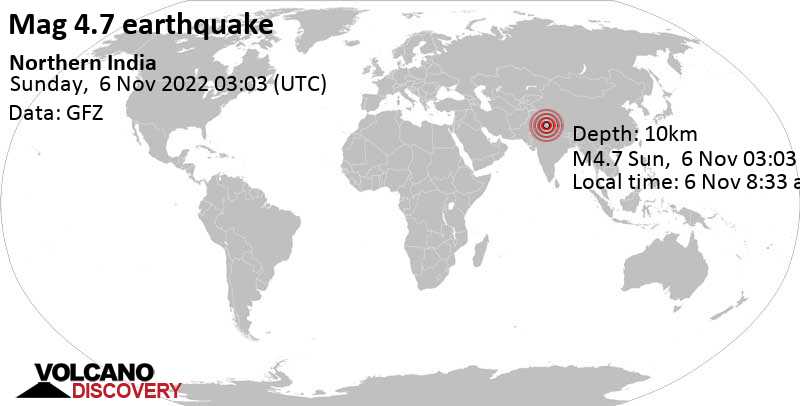 4.7 quake 10.4 km southeast of Uttarkāshi, Uttarkashi, Uttarakhand, India, Nov 6, 2022 8:33 am (GMT +5:30)