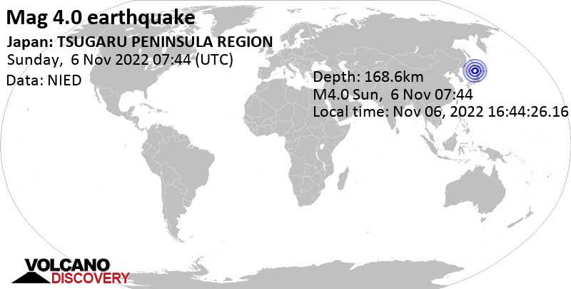 Séisme faible mag. 4.0 - Mer du Japon, 58 km au nord-ouest de Aomori, Préfecture dAomori, Japon, dimanche,  6 nov. 2022 16:44 (GMT +9)