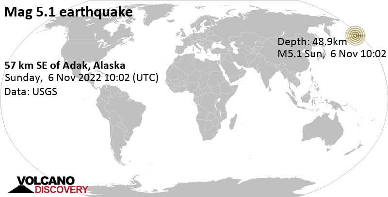 5.1 quake Bering Sea, 35 mi southeast of Adak, Aleutians West, Alaska, USA, Nov 6, 2022 1:02 am (GMT -9)