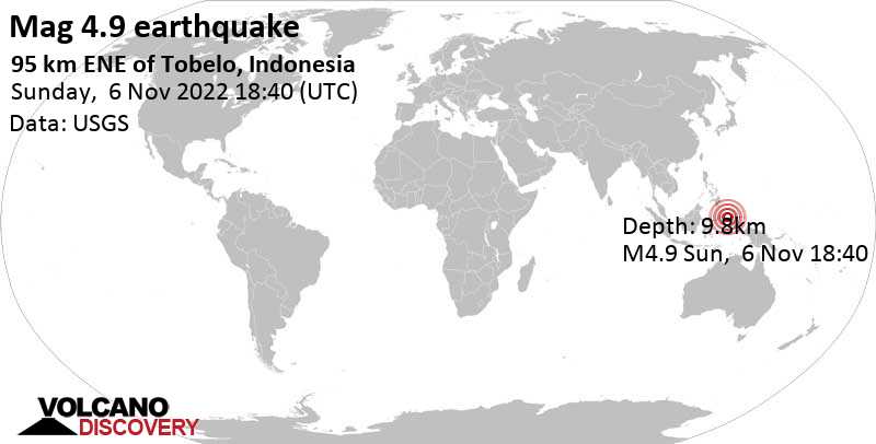 4.9 quake 95 km east of Tobelo, Kabupaten Halmahera Utara, North Maluku, Indonesia, Nov 7, 2022 3:40 am (GMT +9)
