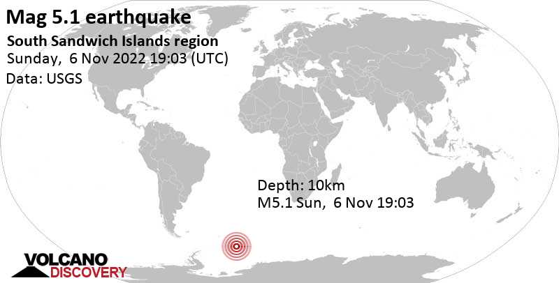 5.1 quake South Atlantic Ocean, South Georgia & South Sandwich Islands, Nov 6, 2022 5:03 pm (GMT -2)