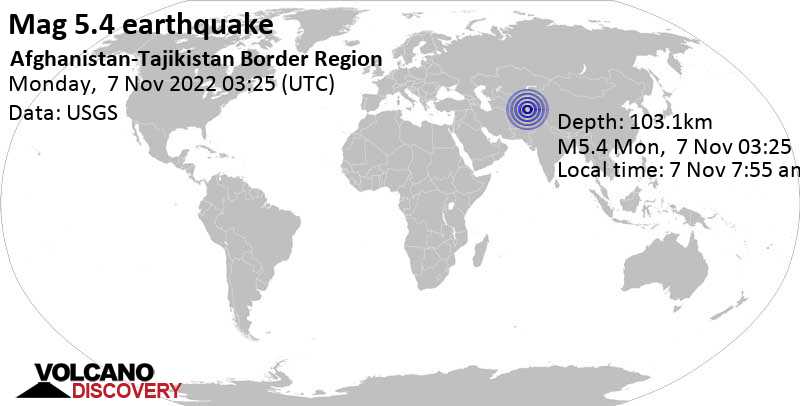 5.4 quake 51 km east of Faizabad, Faīẕābād, Badakhshan, Afghanistan, Nov 7, 2022 7:55 am (GMT +4:30)