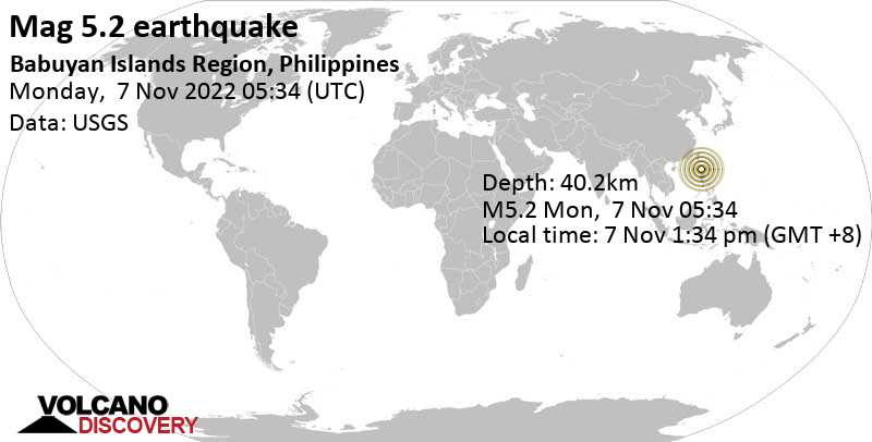 5.2 quake South China Sea, 89 km northwest of Aparri, Cagayan, Philippines, Nov 7, 2022 1:34 pm (GMT +8)
