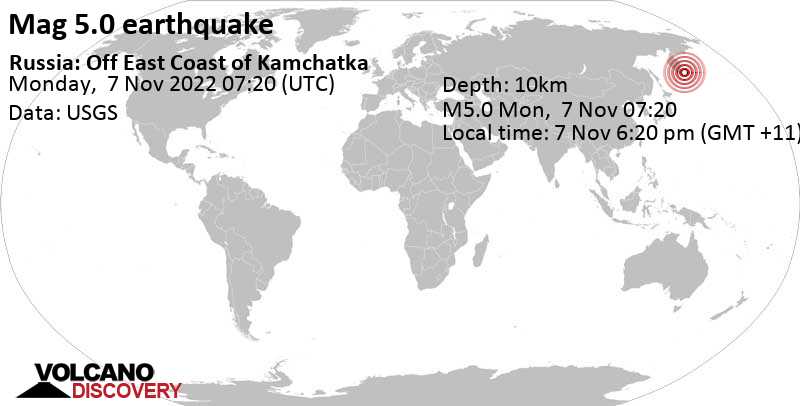 5.0 quake North Pacific Ocean, 123 km southeast of Kamchatkataagy Petropavlovskaj, Russia, Nov 7, 2022 6:20 pm (GMT +11)