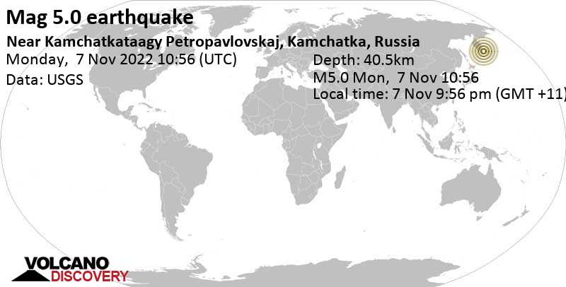 5.0 quake North Pacific Ocean, 108 km southeast of Kamchatkataagy Petropavlovskaj, Russia, Nov 7, 2022 10:56 pm (GMT +12)