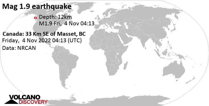 Minor mag. 1.9 earthquake - 100 km southwest of Prince Rupert, Skeena-Queen Charlotte Regional District, Colombia Britanica, Canada, on Friday, November 4, 2022 at 04:13 GMT