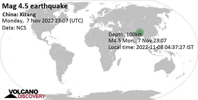 Μέγεθος 4.5 - 237 km δυτικά από Shigatse, Tibet, Κίνα, Τρί,  8 Νοε 2022 07:07 (GMT +8)